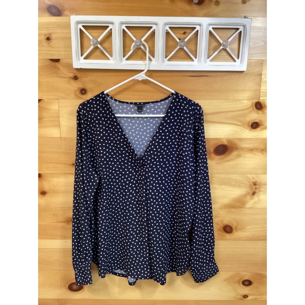 Ann Taylor Womens Navy Blue Spade Heart Print V-Neck Long Sleeve Blouse Large